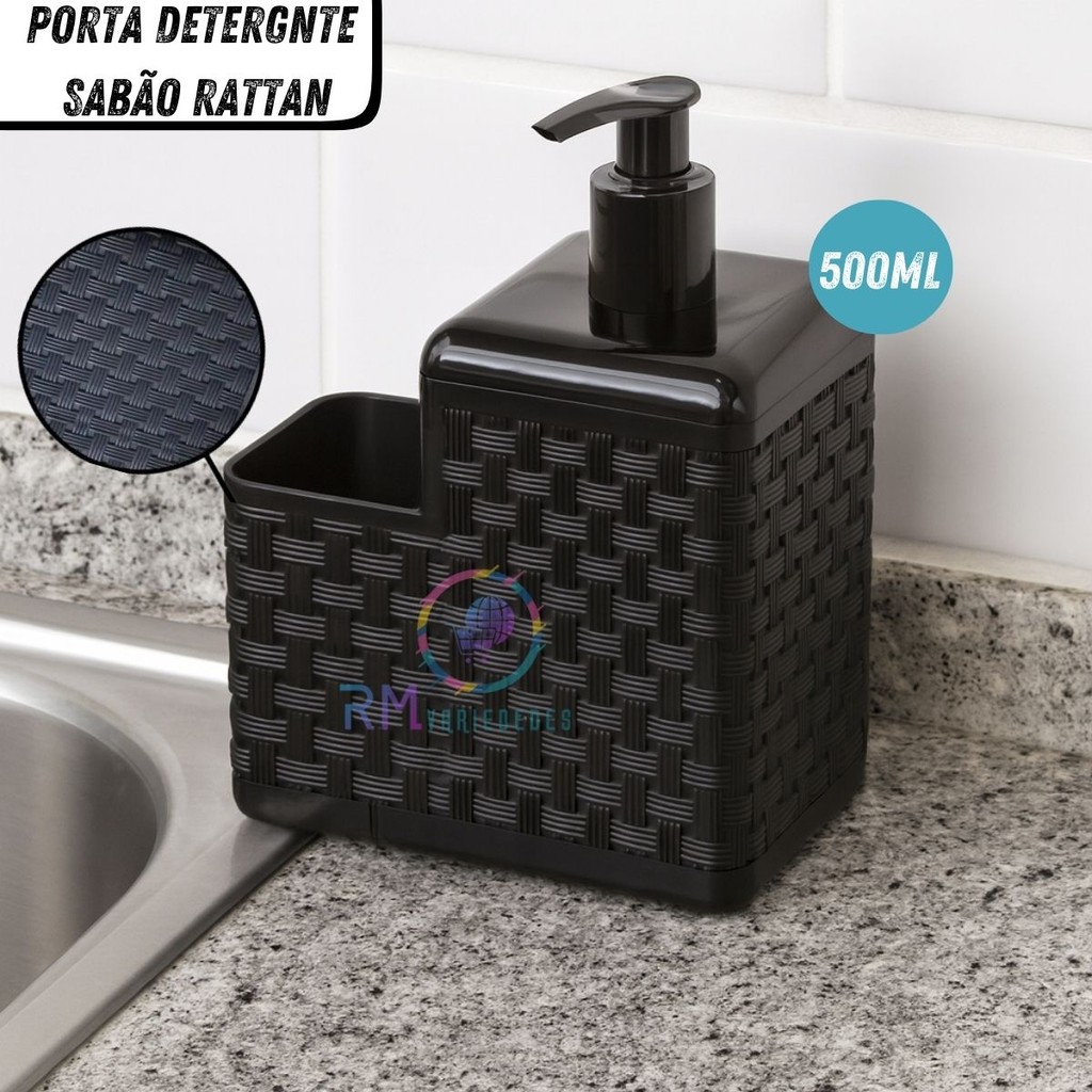 Porta Detergente Sabão 2 em 1 Com Suporte Para Bucha Esponja  Black Rattan Arqplast 500ml