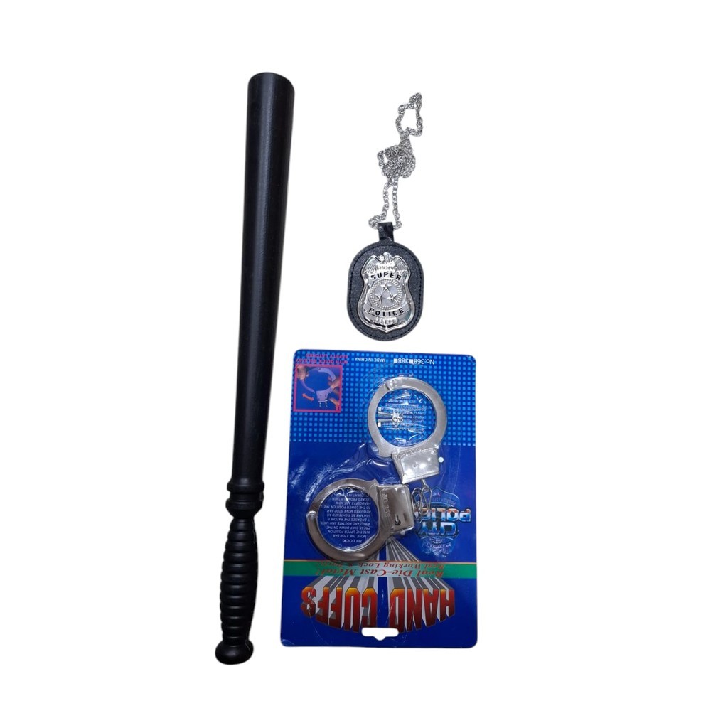 Kit Acessório de Fantasia Policial  Cassetete + Distintivo + Algema Metal pra carnaval e halloween