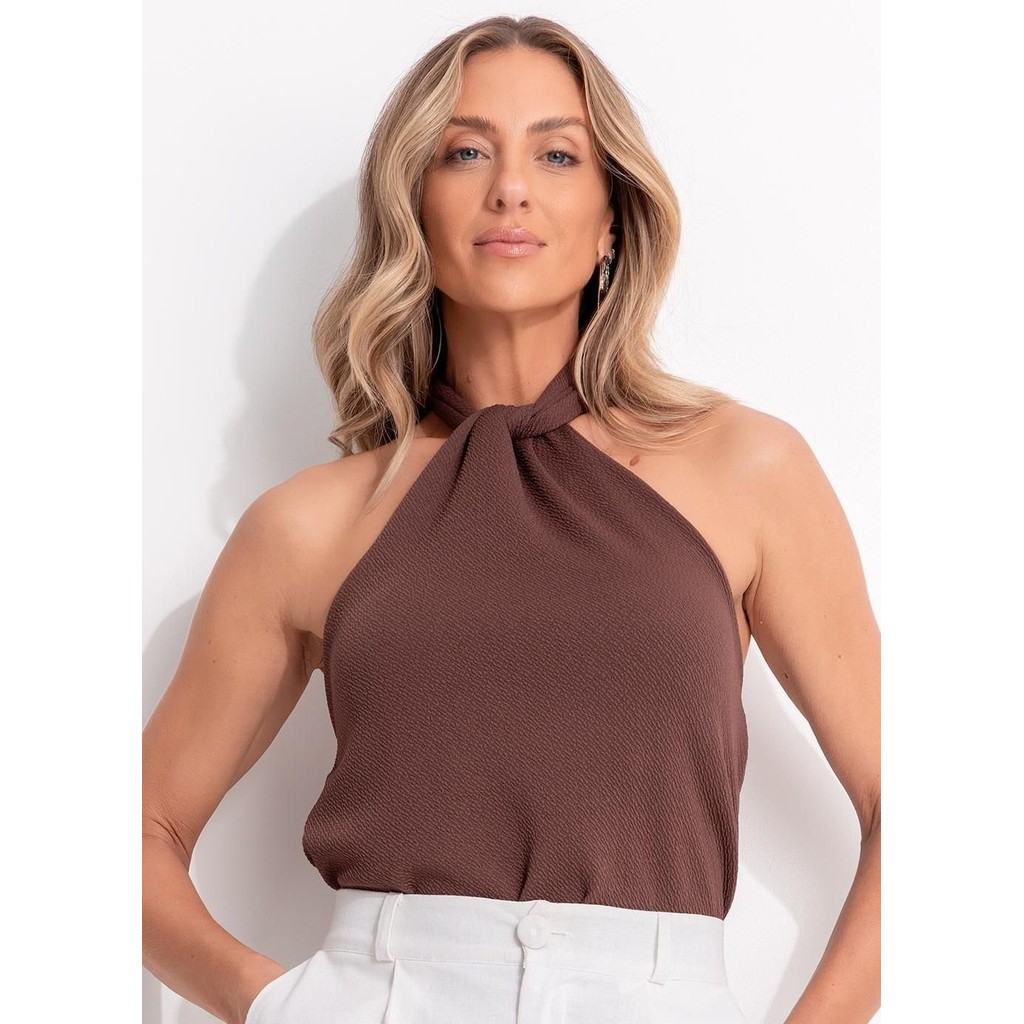 Blusa Em Malha Com Elastano Marrom Quintess em Oferta na Shopee