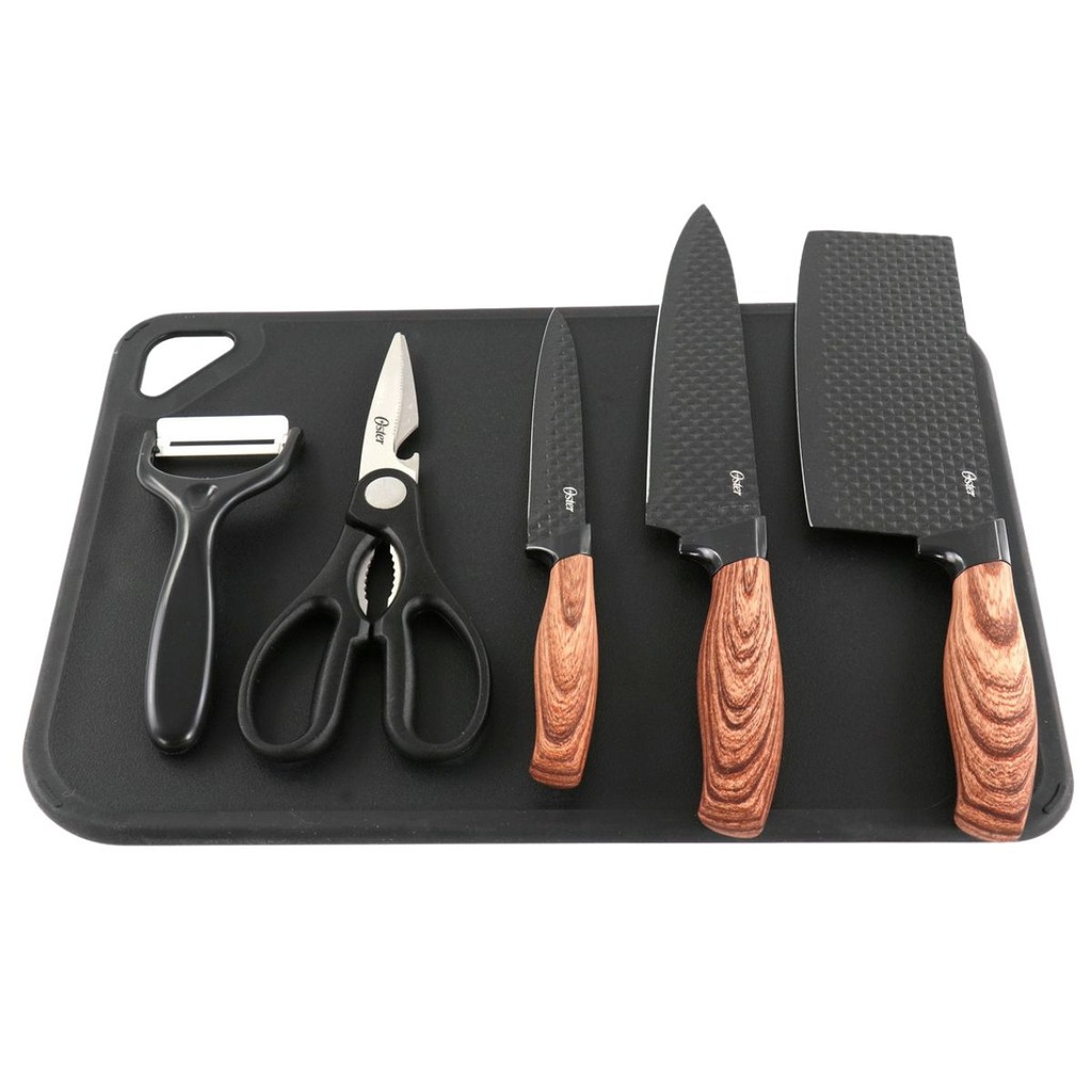 OSTER CONJUNTO DE FACAS 5 PECAS + TABUA GUNDERSON - 1 CUTELO 17,8CM, 1 FACA DO CHEF 20,3CM, 1 FACA UTILITY 12,7CM, 1 DES