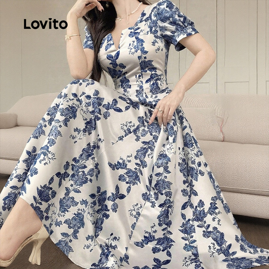 Detalhes do Lovito Vestido Elegante Primavera/verão Azul para Mulheres L149LD327