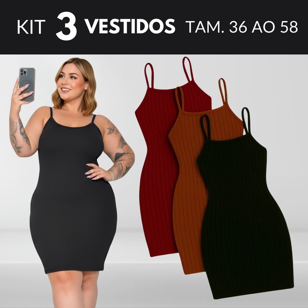 KIT 3 Vestido Feminino Vestido Midi Plus Size Vestido Canelado Vestidos Roupas Midsize Vestido Preto Tamanho 36 Ao 58