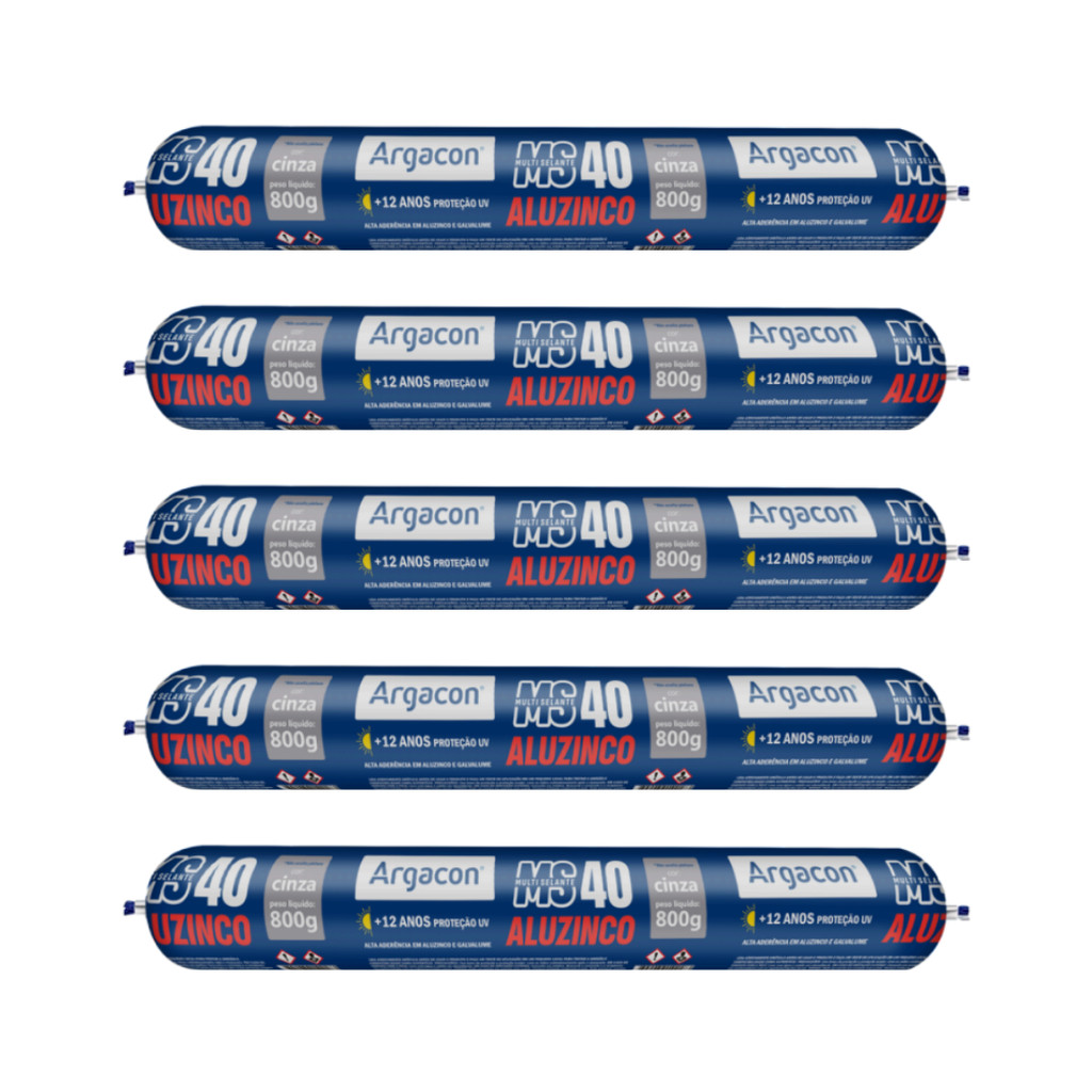 Kit 5 Selantes Aluzinco Argacon MS40 Cinza 800g PU Alta Aderência Galvalume