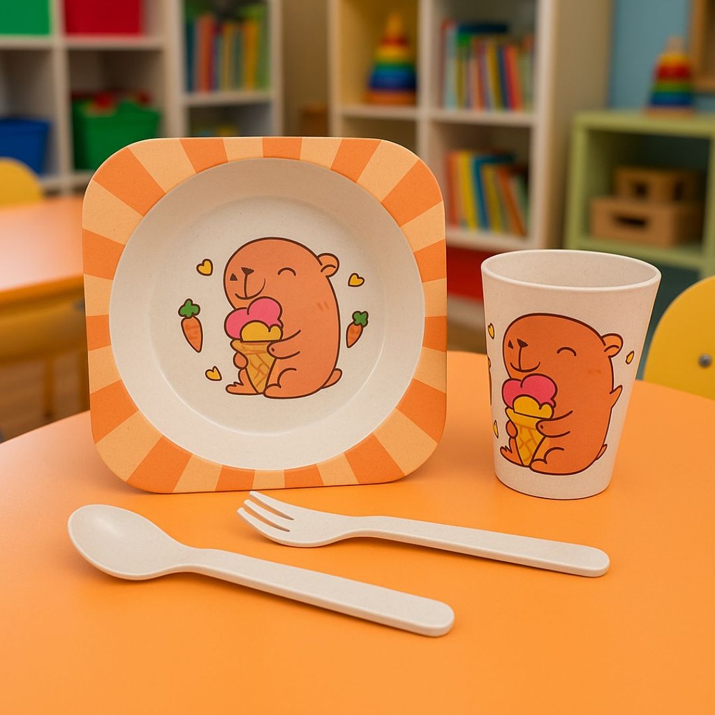 Kit Refeição Infantil com 4 Peças Prato + Copo + Talher + Garfo Dino/Astronauta/Sereia/Unicórnio/Capivara em Oferta na Shopee