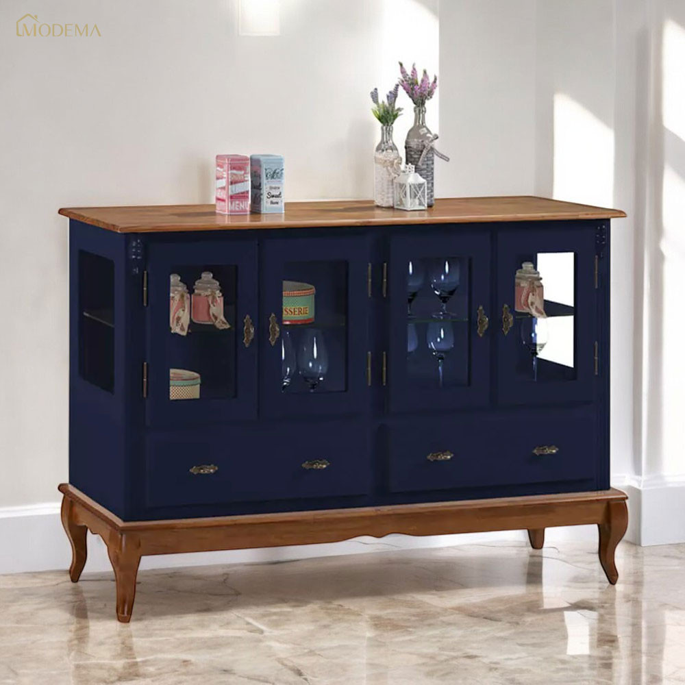 Buffet Aparador 4 Portas 2 Gavetas Prateleiras em Vidro 60510 Linz Móveis - Azul Petróleo/Imbuia