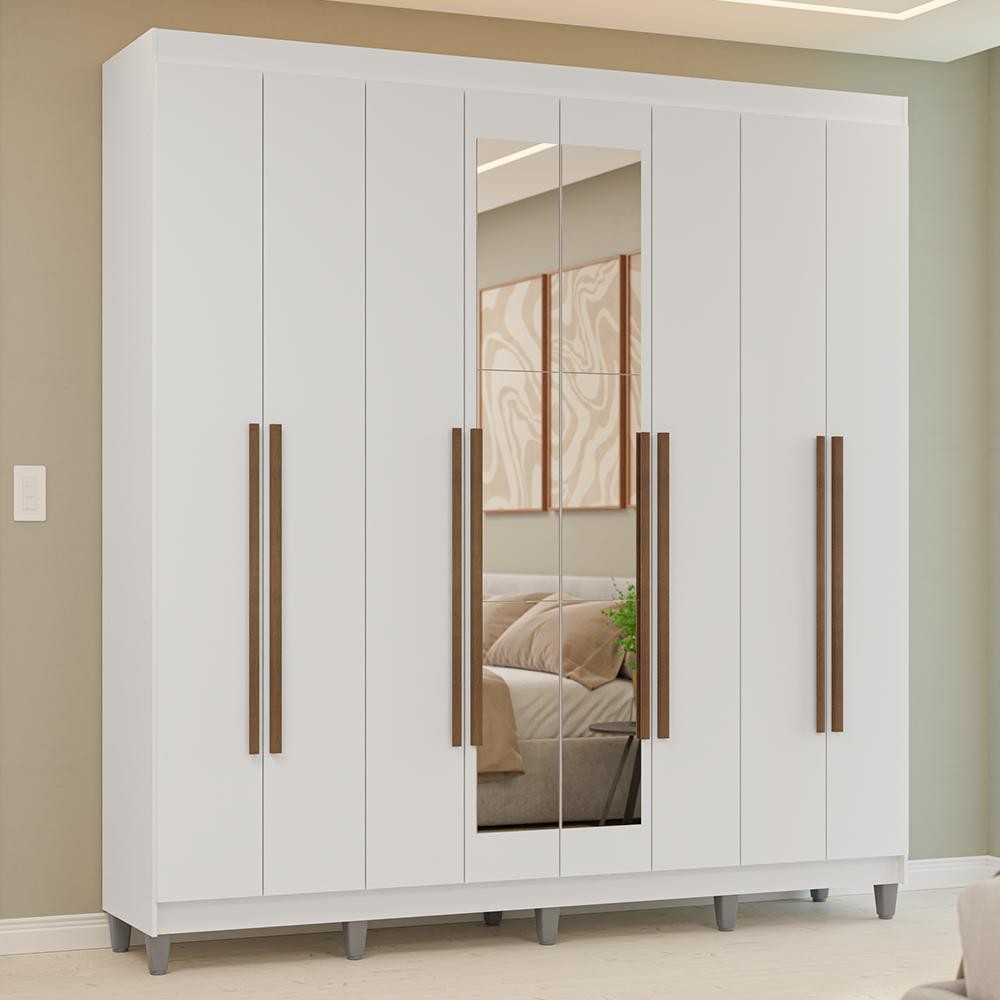 Guarda-Roupa Casal com Pés 8 Portas Batentes com Espelho Branco/Branco/Rustic Venus Madesa