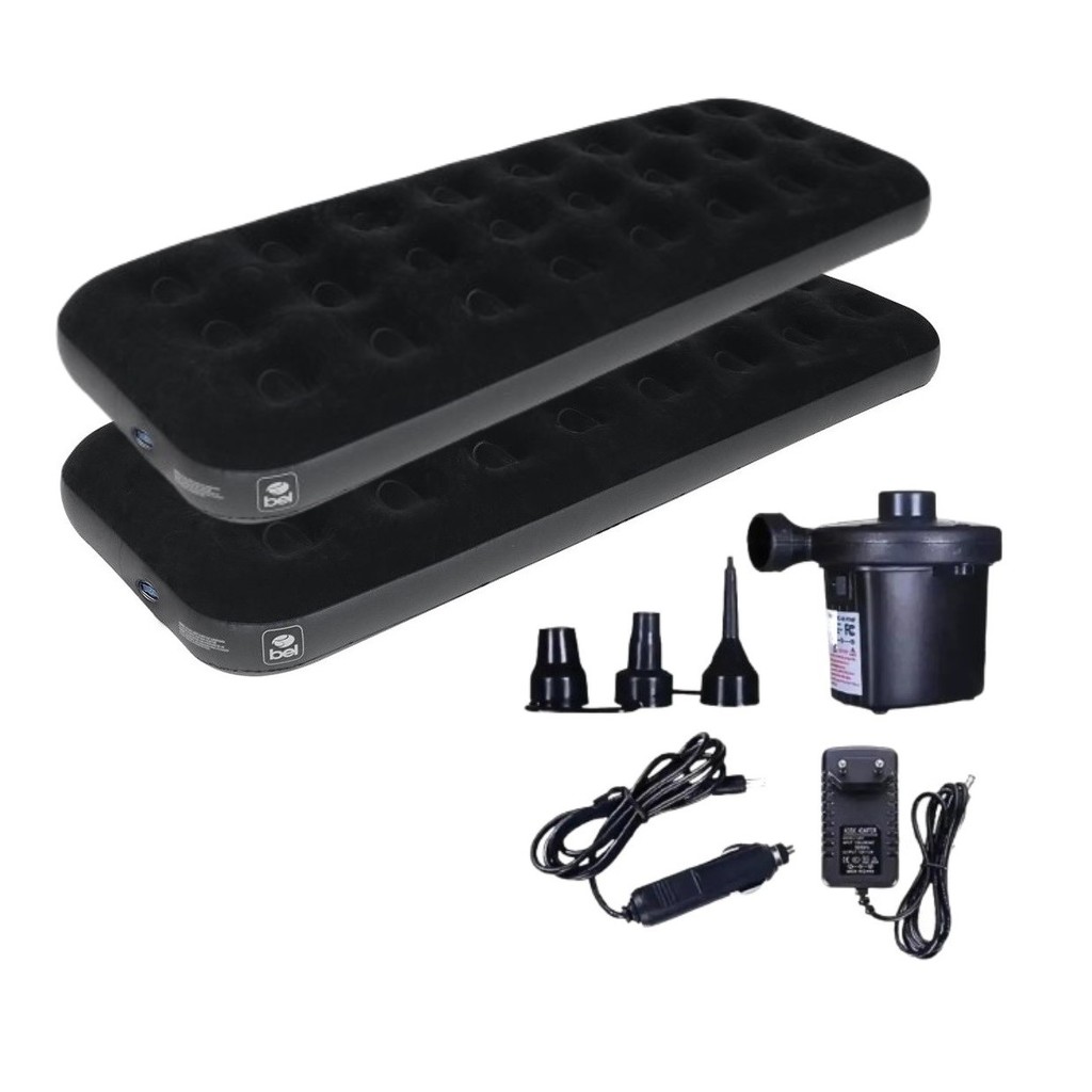 Kit 2 Colchões Inflável Solteiro Deluxe Preto + Bomba de Ar Elétrica Bom-8911