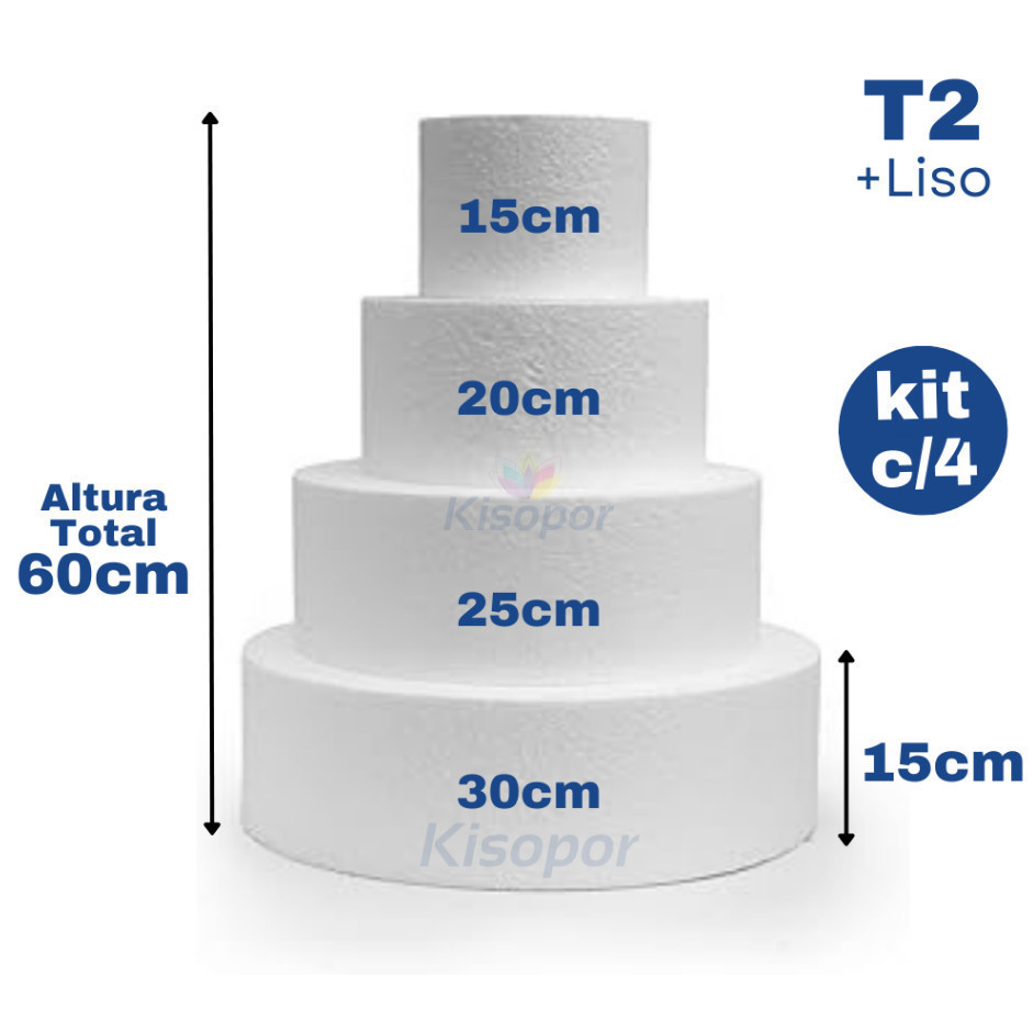 Base De Bolo Fake Isopor 15, 20, 25, 30cm c/15cm altura 4 Andar Cenográfico Maciço Redondo BF15 em Oferta na Shopee