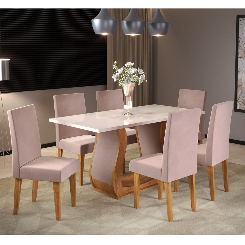 Conjunto Sala de Jantar Mesa Livia 160x80cm Tampo Vidro/mdf com 6 Cadeiras Venus Mel/Off White/Rosa em Oferta na Shopee