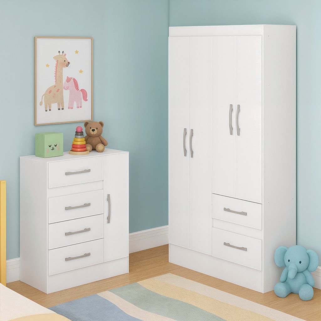 Quarto Infantil com Cômoda 4 Gavetas e 1 Porta Guarda-roupa 4 Portas e 2 Gavetas Ninho Branco em Oferta na Shopee