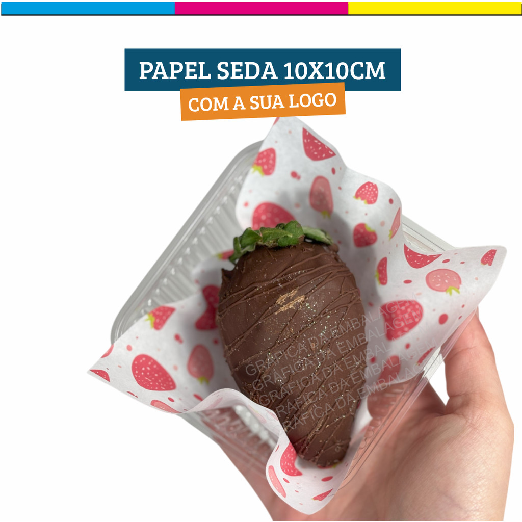 PAPEL SEDA 10X10 PERSONALIZADO SUA LOGO MORANGO DO AMOR DOCES CONFEITARIA BOMBOM DE MORANGO