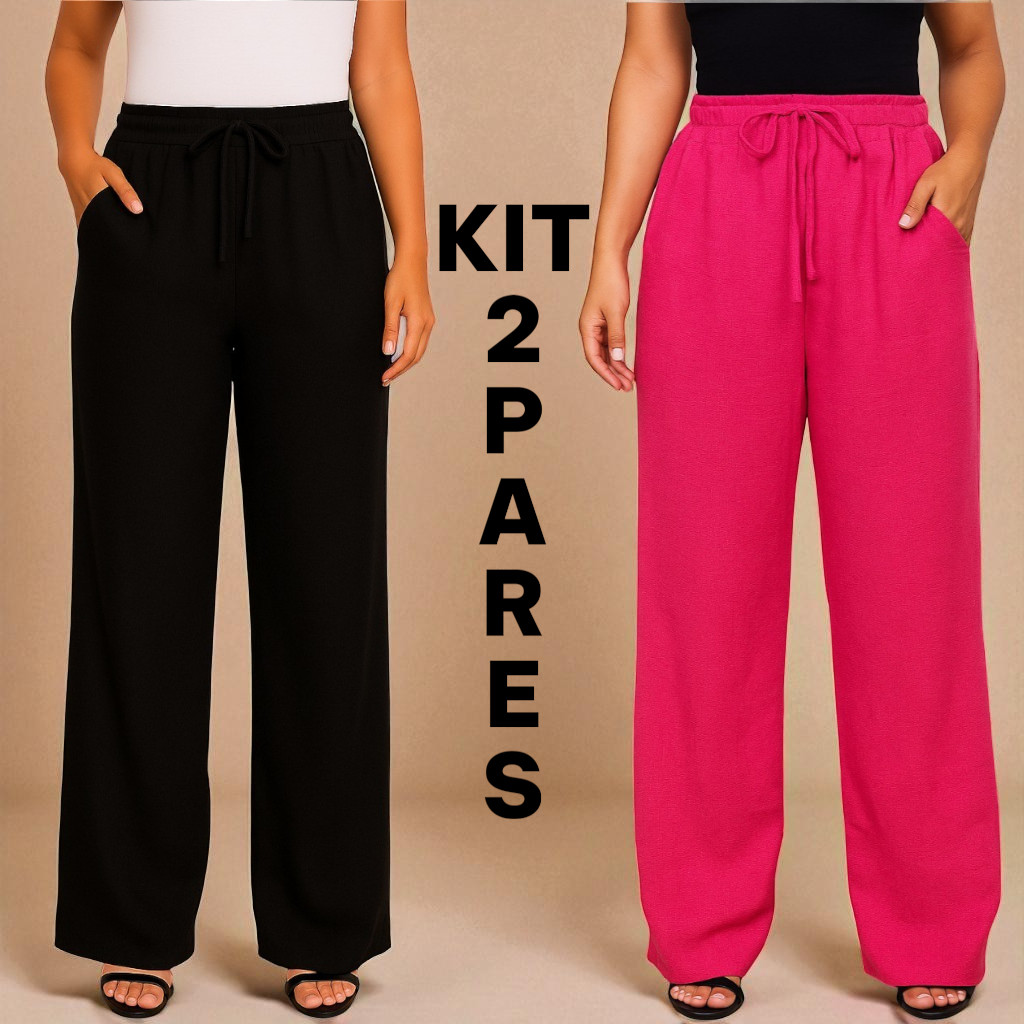 Kit 2 Calça Pantalona Feminina Tecido Duna Confortável Cintura Alta Moda Exclusiva Fashion