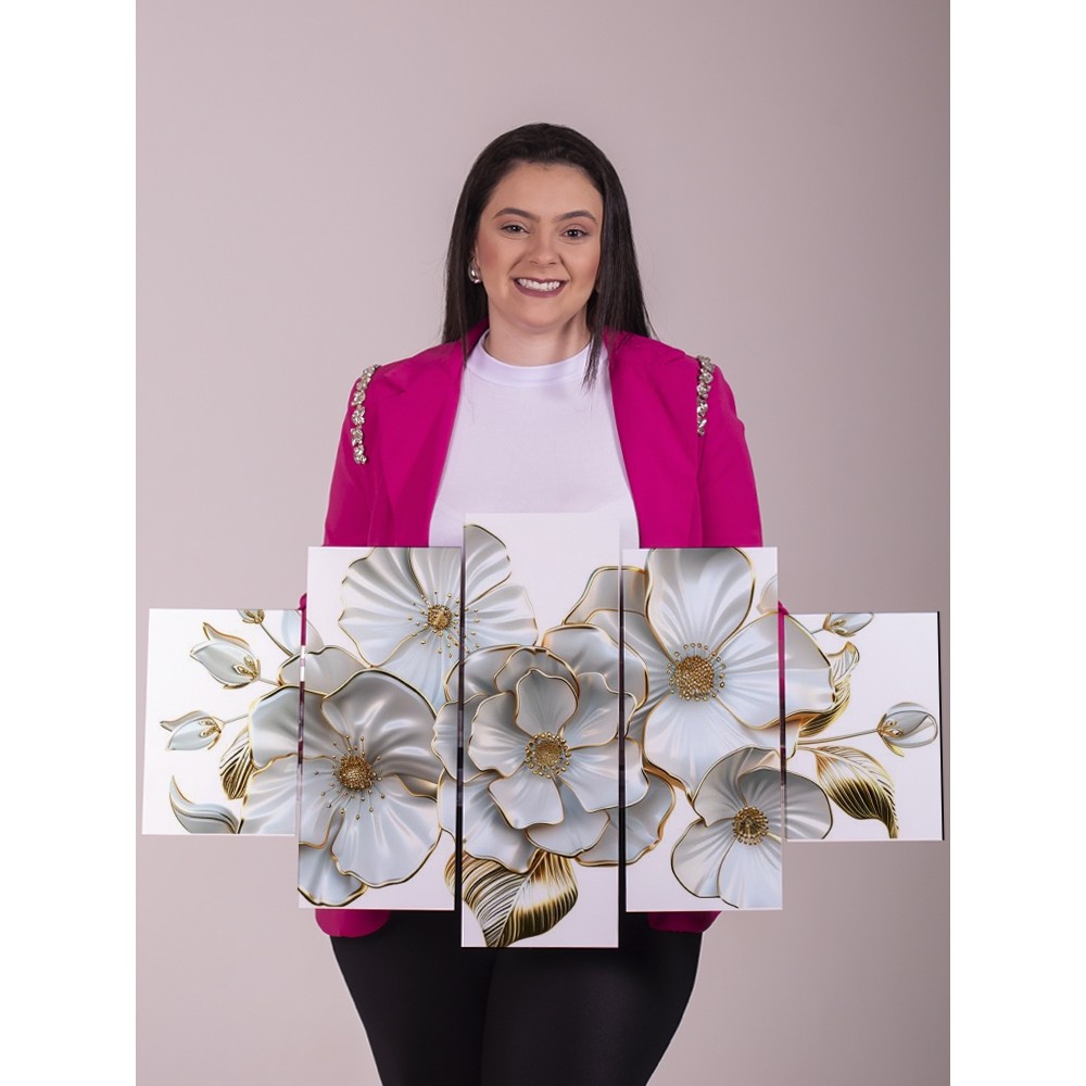 Quadro Decorativo 5 Peças Flor Branca Dourada Sala Quarto Parede Moderna Luxo Painel Decorativo