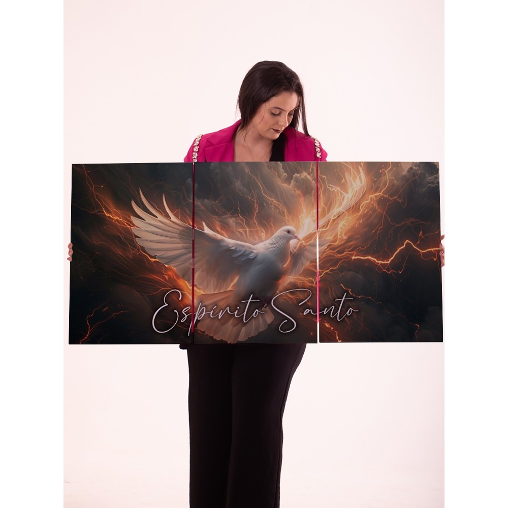 Quadro Decorativo Espírito Santo 3 Peças Pomba Branca Nuvens e Raios Arte Religiosa Cristã para Sala