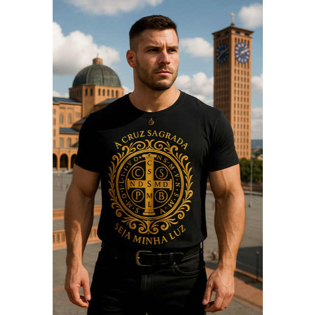 Camiseta masculina Algodão Premium Gola Redonda Religiosa Medalha São Bento leve Respirável Unissex caminho da Fé