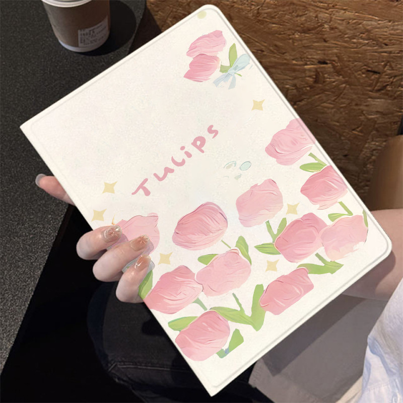 Capa Capinha Silicone Flip Tulipas para Tablet Samsung Galaxy Tab S6 Lite A9 PLUS S9 S10 FE PLUS + Case Slot para Caneta