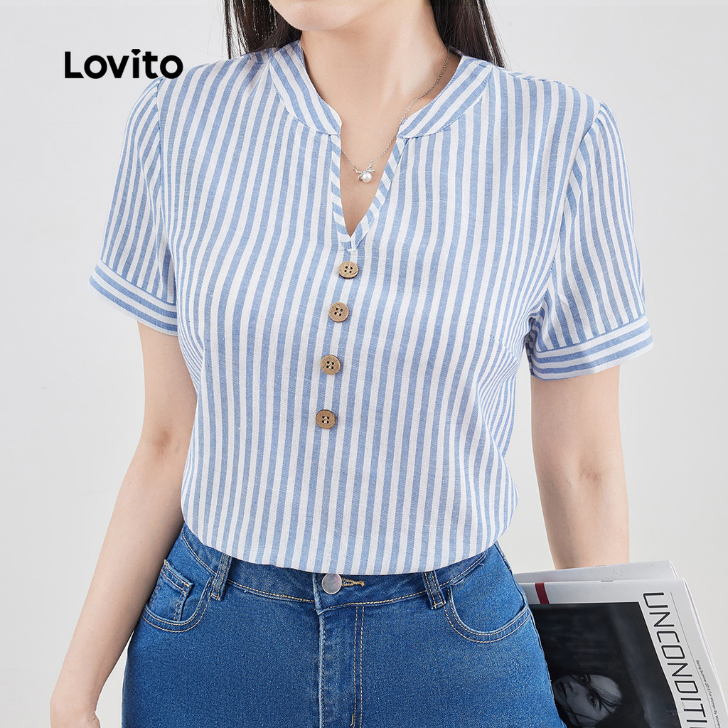 Lovito Blusa Boho com Botão Blusa Azul Leve e Confortável para Primavera/verão para mulheres L137ED187 em Oferta na Shopee