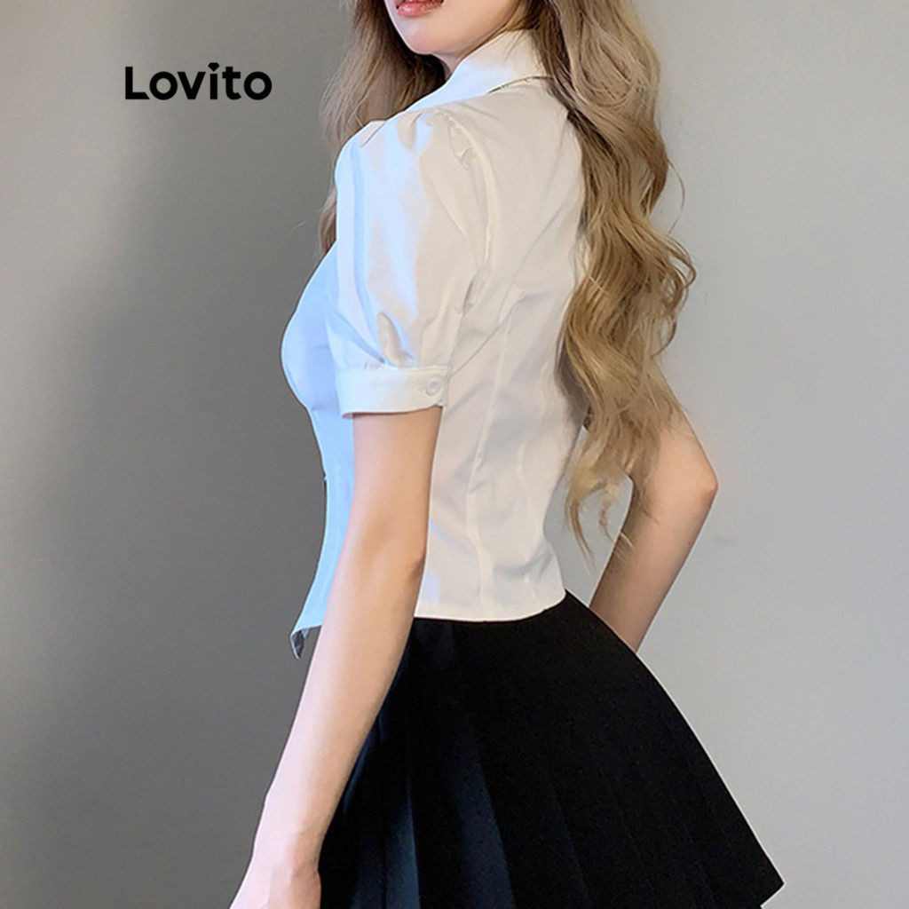 Detalhes do Lovito Blusa Casual Com Botão Liso Y2K Blusa Manga Bufante Para Mulheres L52AD035 (Branco)
