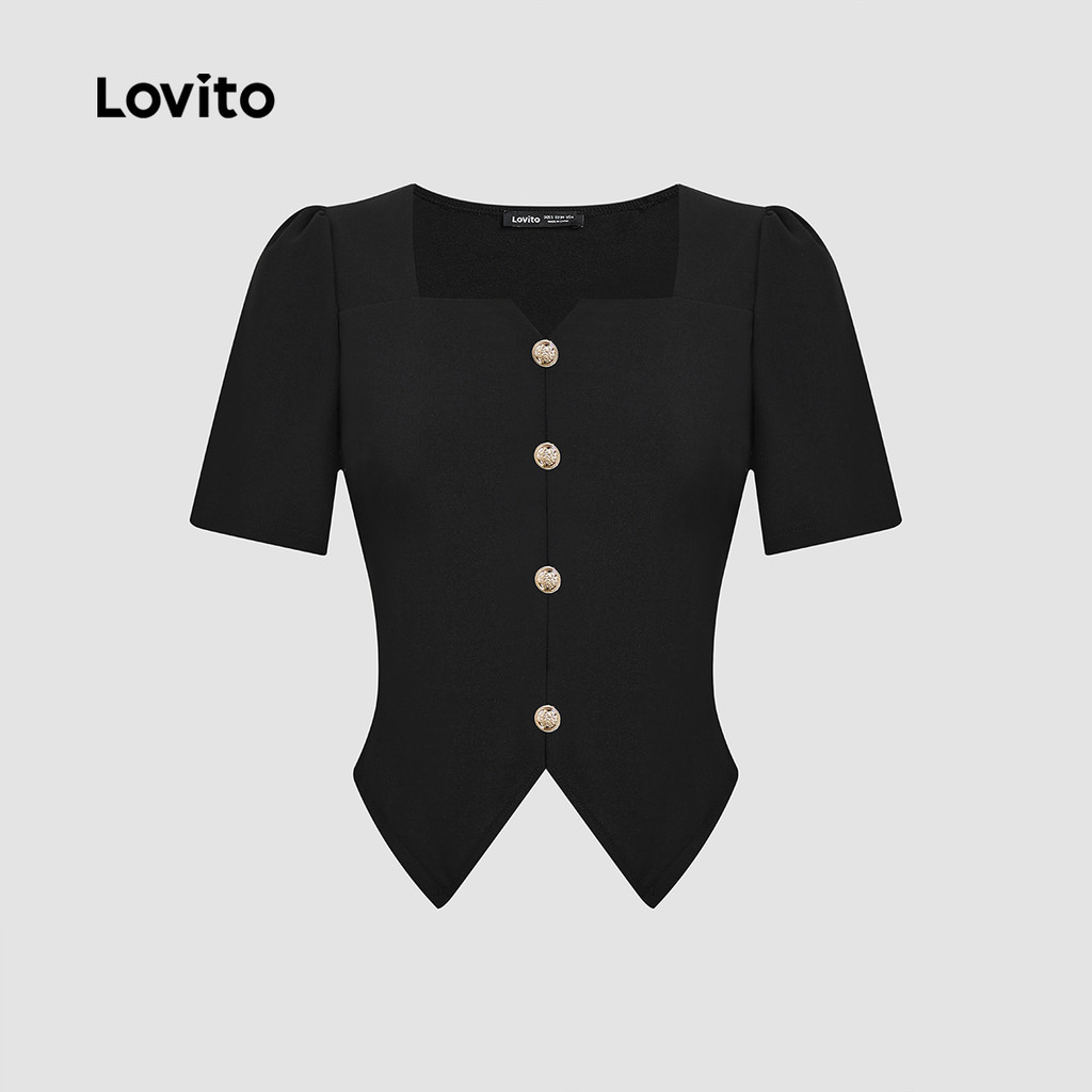 Detalhes do Lovito Blusa Elegante De Verão Com Botão De Metal Liso Dividido Na Frente Para Mulheres L121MD620