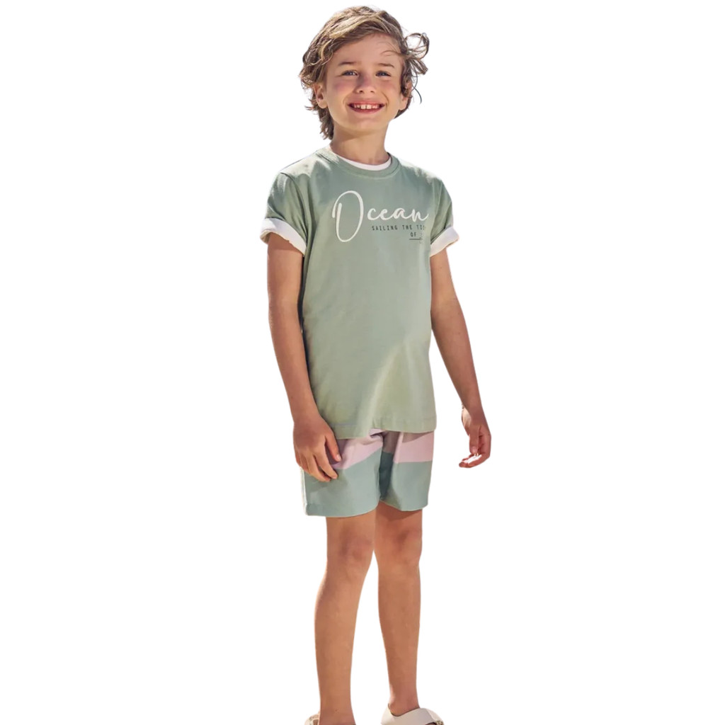 Conjunto Luc.Boo Blusa Malha E Bermuda Verde Abacate Verão