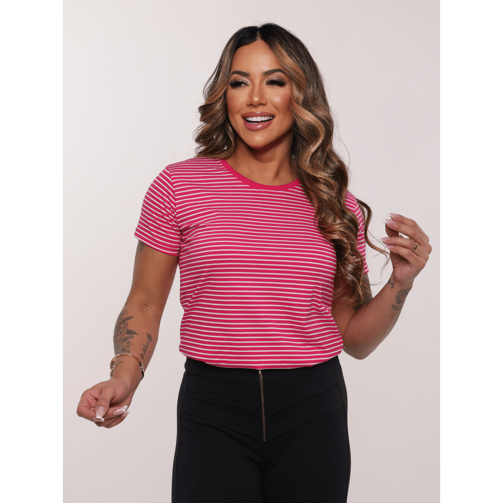 Blusa Feminina Casual Listrada – Rosa em Oferta na Shopee