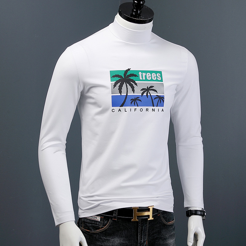 Camiseta de outono masculina de manga comprida meia gola alta Slim Fit Modal algodão camisa de fundo na moda impressa go