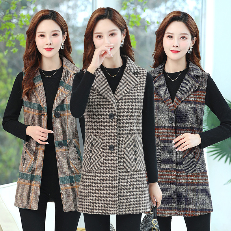 Primavera novo estilo de meia-idade idosos mulheres colete mãe usar colete de lã moda terno colarinho xadrez colete sem 