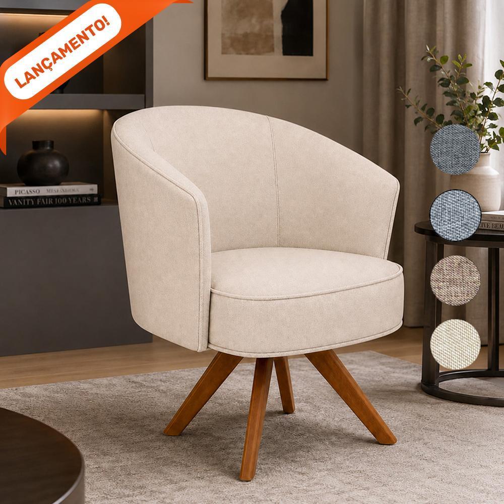 Poltrona Decorativa para Sala de Estar Julia Linho Base Giratória Aninha Decor