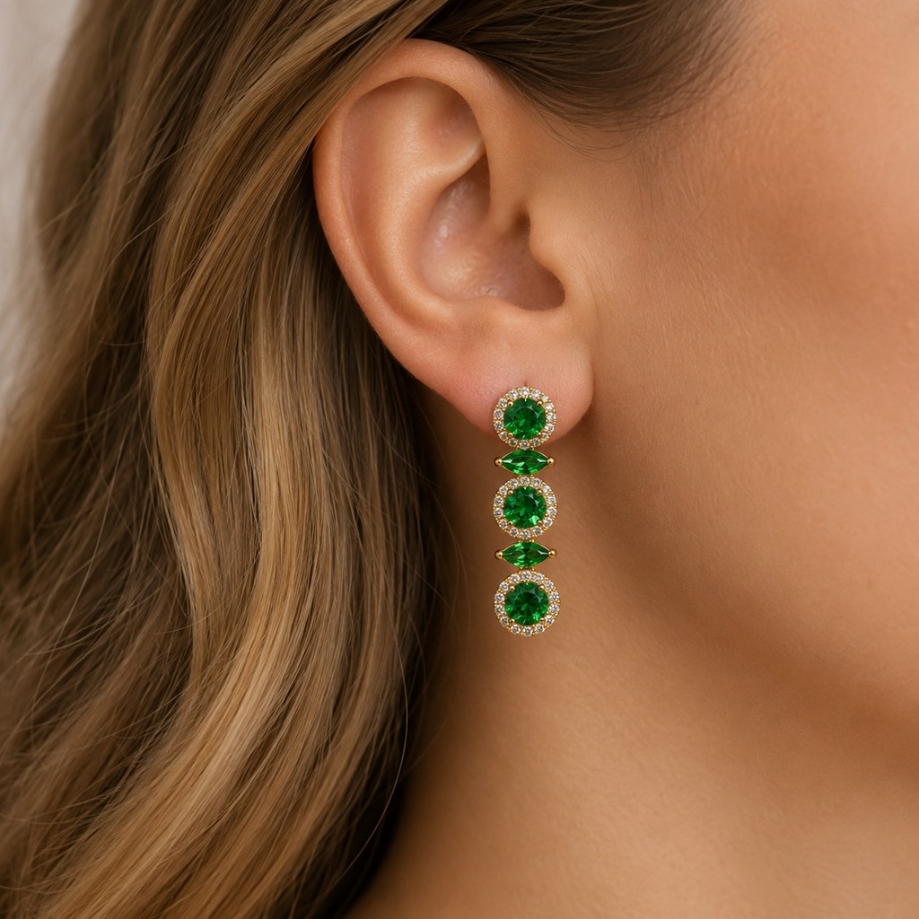 Brinco Festa Ponto De Luz Redondo Navete Banho Ouro 18k Banho Ródio Feminino Verde Amarelo