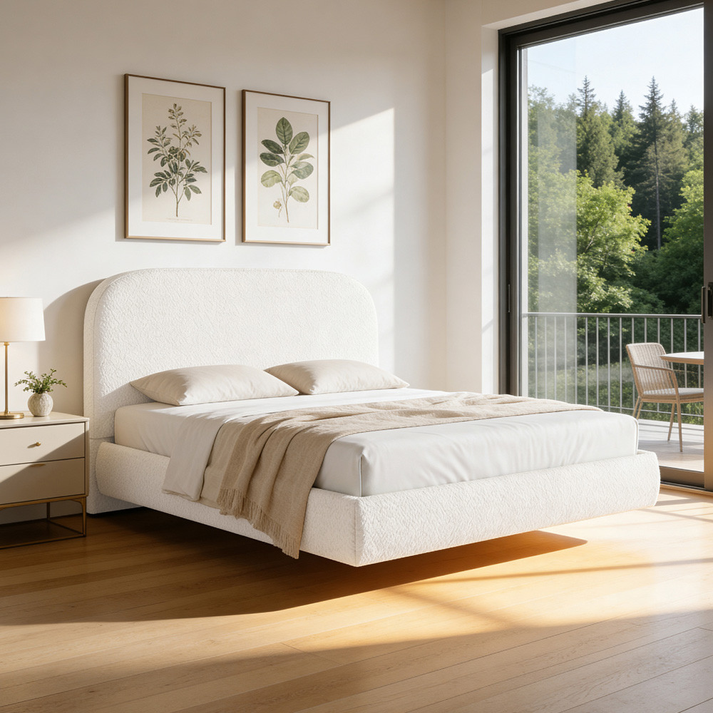 Cama Casal Flutuante Com Cabeceira 140cm Aura W01 Bouclê Cru - Lyam Decor