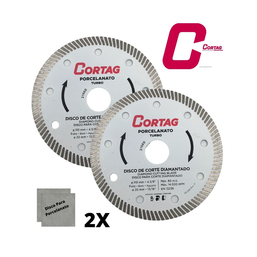 2 UNI - Disco Corte Diamantado Porcelanato Turbo 110mm 4.3/8 Cortag - Extra Fino, Excelente Acabamento e Alto Rendimento