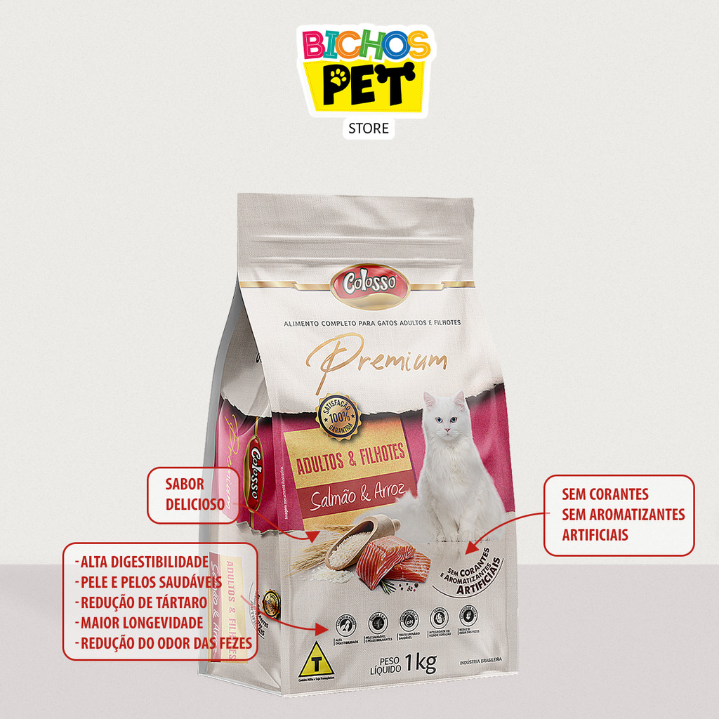 Ração Gato Adulto e Filhote Racao Colosso Premium Salmao Arroz 1kg