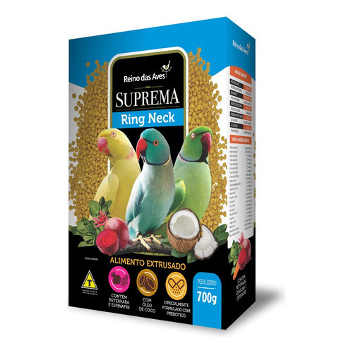 Ração Ring Neck Extrusada Suprema Reino das Aves 700g com Óleo de Coco Cenoura Espinafre Beterraba