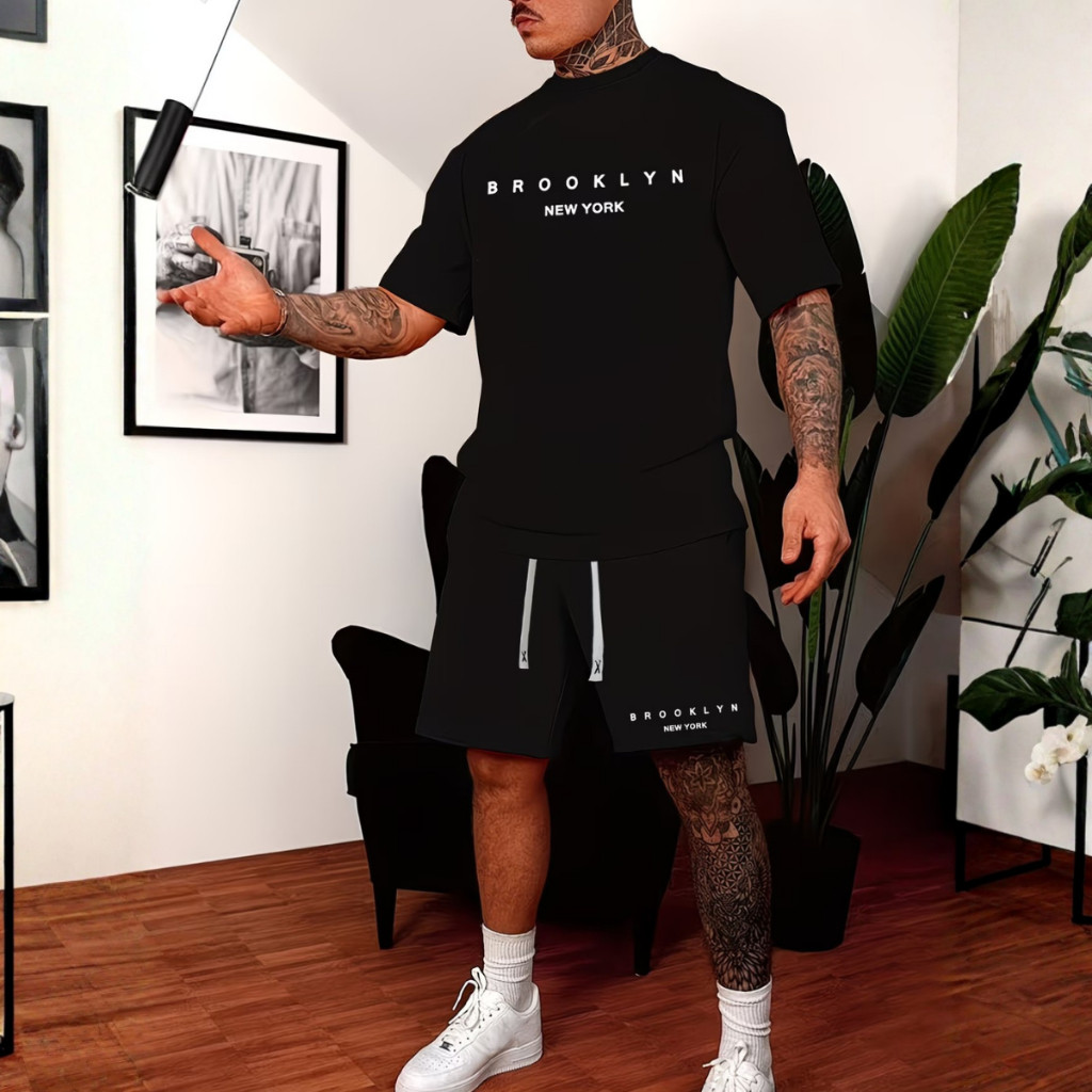 Conjunto Masculino Streetwear Camiseta Oversized E Bermuda Moletom Brooklyn Treino Casual