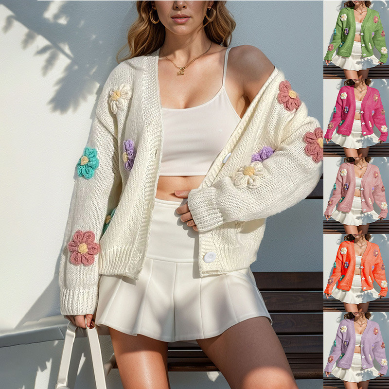 Cardigan De Malha Com Botão E Estampa De Flores , Lindo Suéter Solto De Manga Comprida