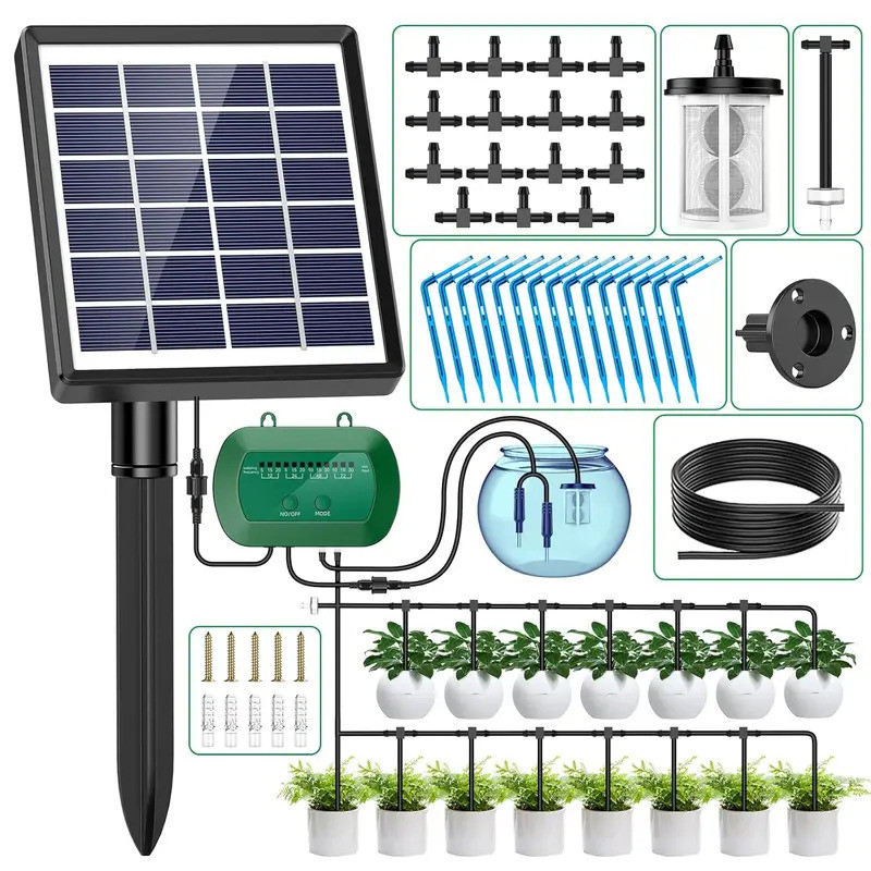 Kit de Irrigação Automática Solar para Jardim, Sistema de Irrigação por Gotejamento Automático com Mangueira de Água de