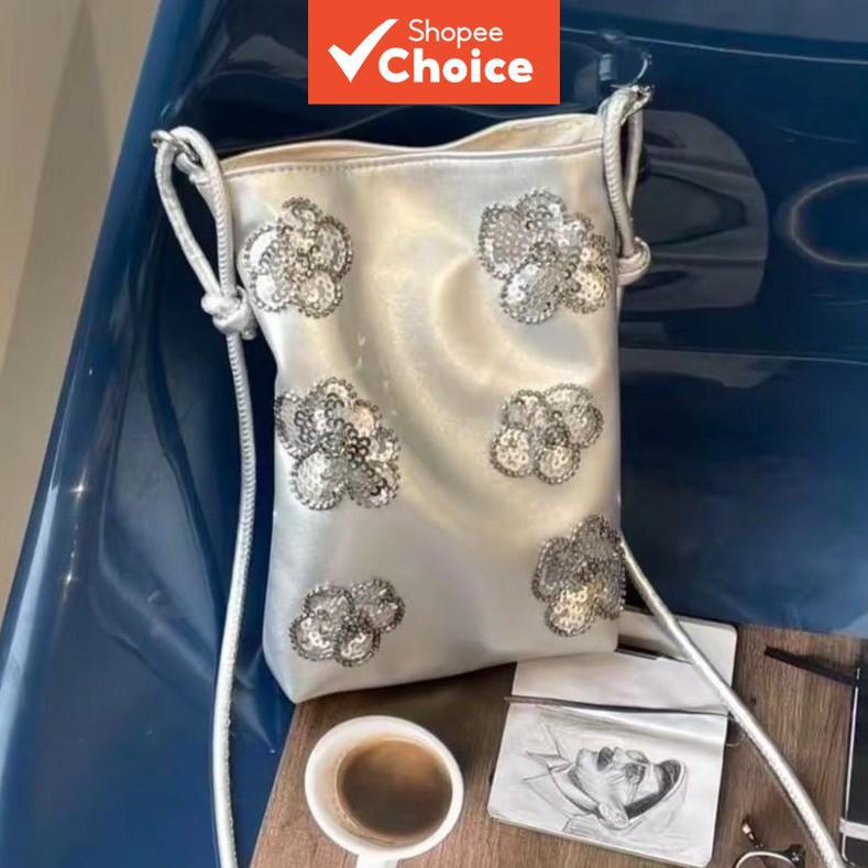 Bolsa de telefone com flores de lantejoulas estilo coreano, bolsa tiracolo jeans ins, mini bolsa de ombro com flores de