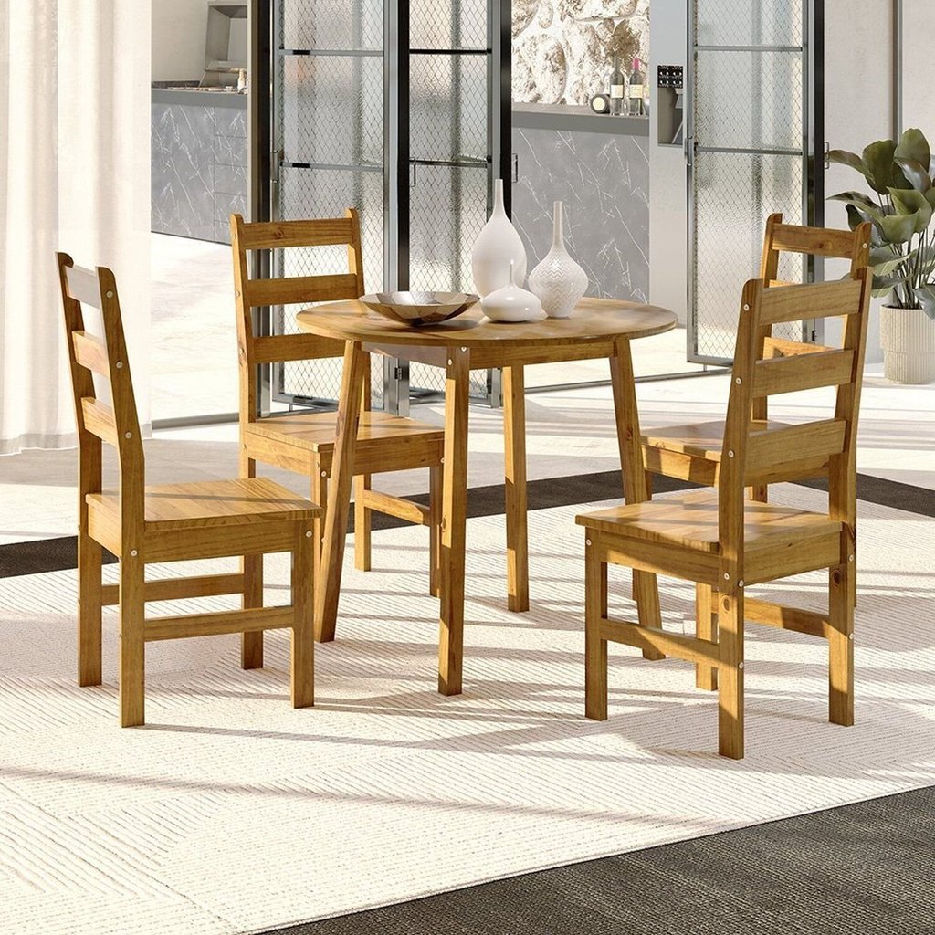 Conjunto com Mesa de Jantar 90cm Redonda e 4 Cadeiras 100% Madeira Maciça Cork Espresso Móveis Marrom/Nogueira Não