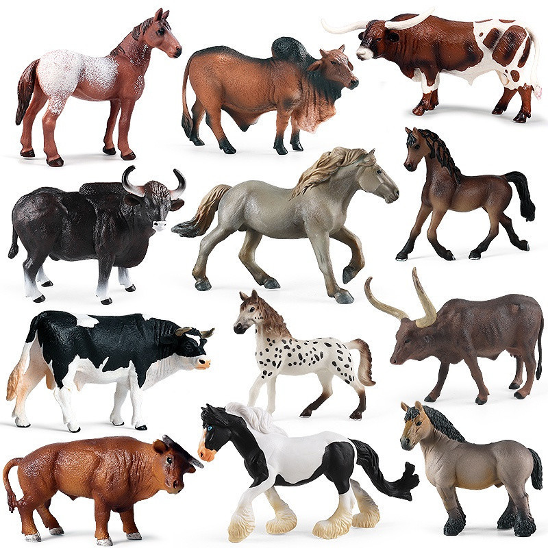 Animais de fazenda Steed Horse Modelo Figuras de Ação Vaca Zebu Bovino Bezerro Bull OX Coleção PVC Educação Cute Kid Toy