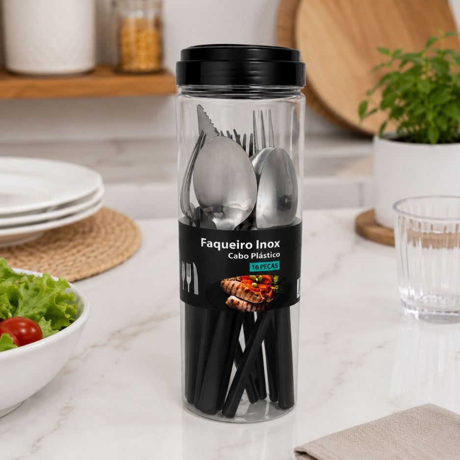 Faqueiro Inox 16 Peças Cabo Preto para 4 Pessoas 26467 - Turquesa