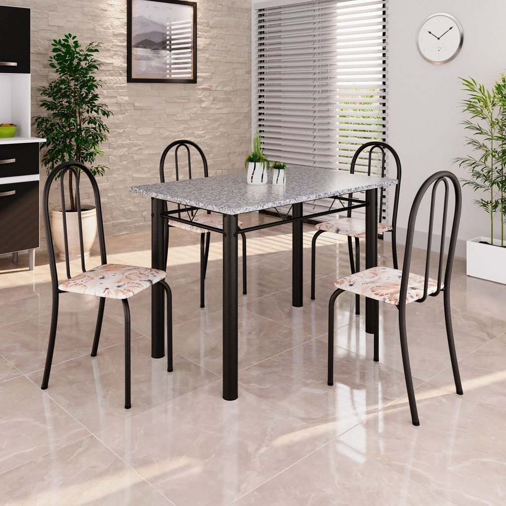 Conjunto de Mesa Tubular 100x60cm Tampo em Granito com 4 Cadeiras Preto/Bege