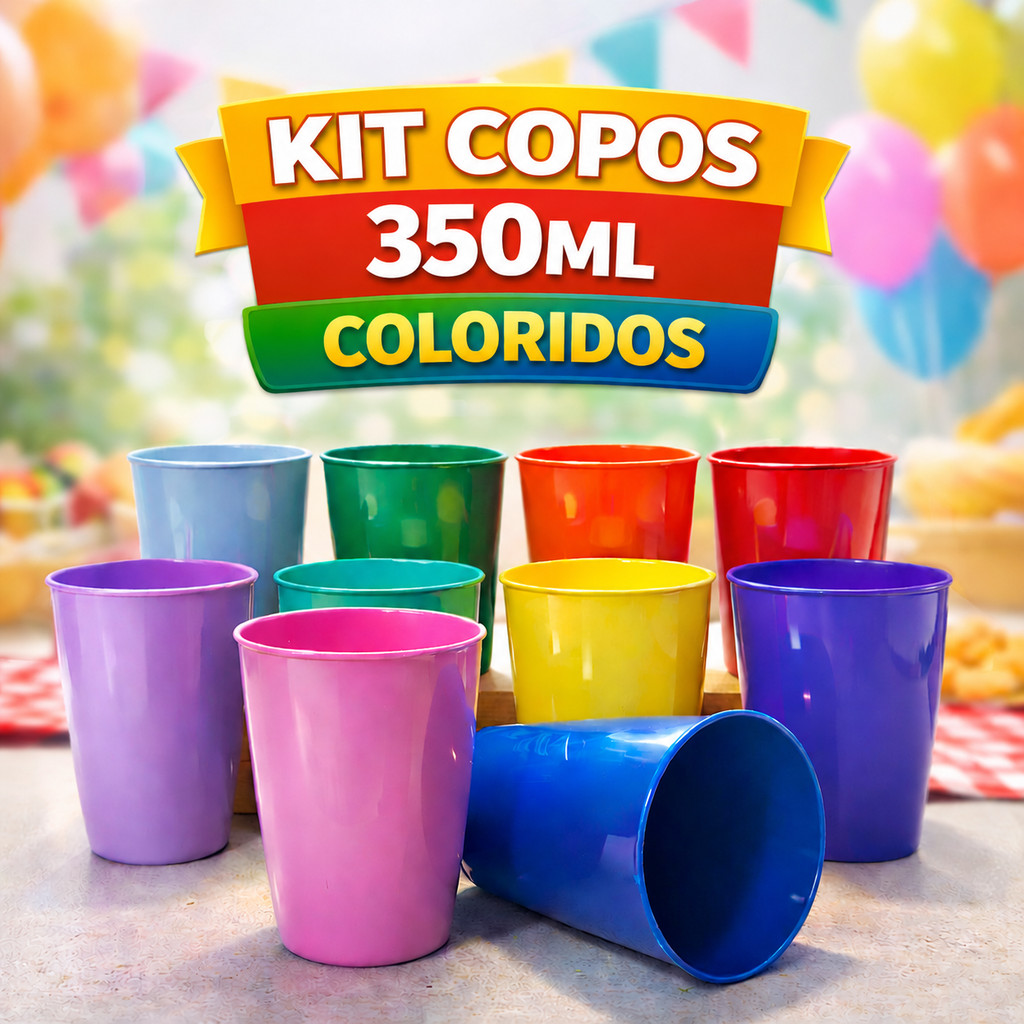KIT de Copo Plásticos 350ml 5/10/15/20 Peças Reutilizáveis Festa Churrasco Escola Merenda Infantil