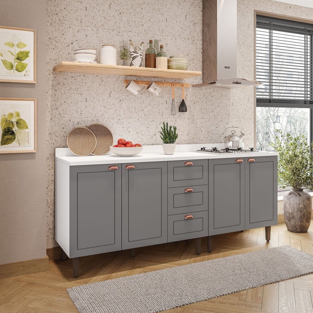 Cozinha Pérola com Tampo 2 Peças Balcão 2 Gavetas 3 Portas e Balcão 2 Portas Yescasa Cinza/Branco Branco/Cinza