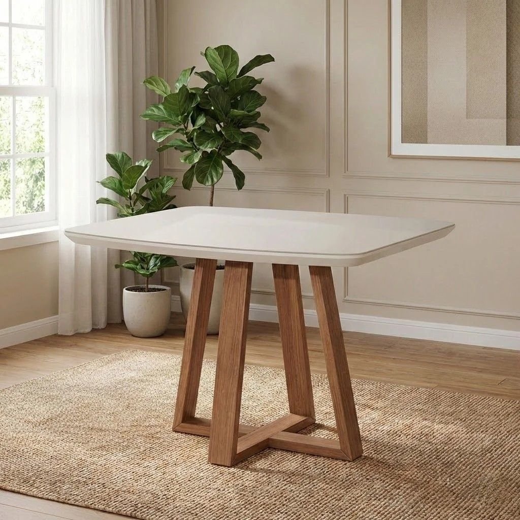 Mesa Bennett Retangular 115cm com Tampo de Vidro Branco/Marrom/Off White Fosco Retangular