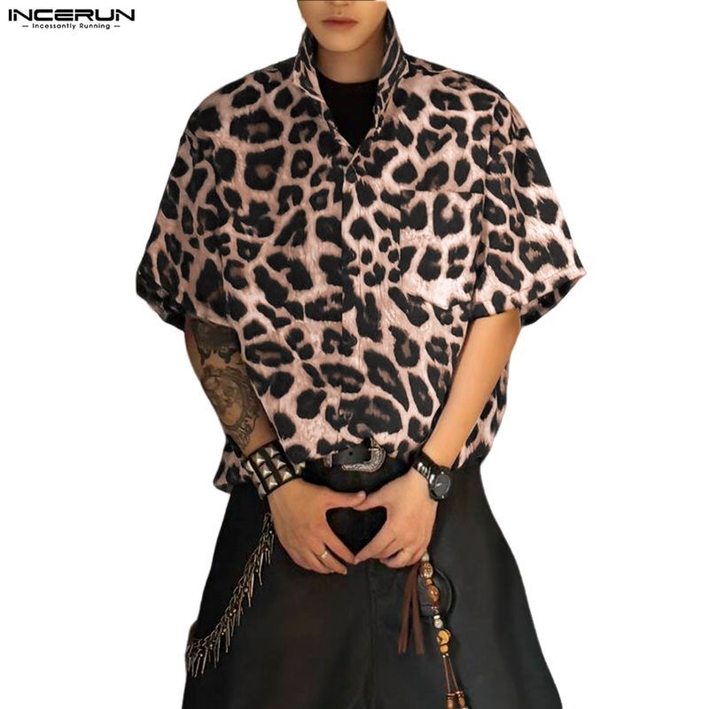 INCERUN Masculino Coreano Streetwear Stand Lapela Manga Curta Patch Pocket Leopard-Print Camisas Da Moda