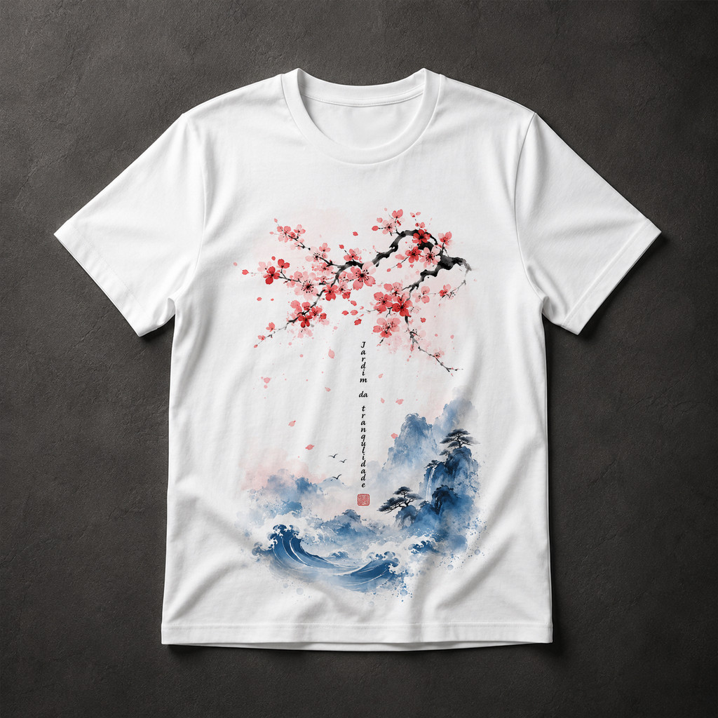 Camiseta Masculina Jardim da Tranquilidade Cerejeira Aquarela Japonesa Arte Oriental