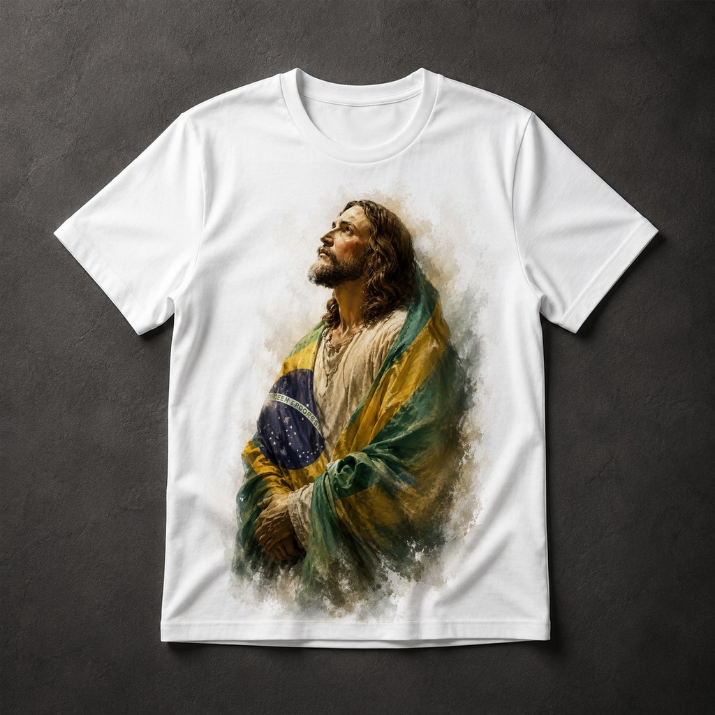 Camiseta Jesus Cristo Bandeira do Brasil Religiosa Cristã Masculina Patriota Fé