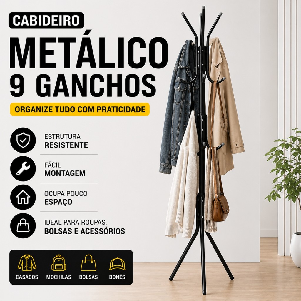Cabideiro Mancebo Metal Para Roupa 9 Ganchos Chão 1,75cm