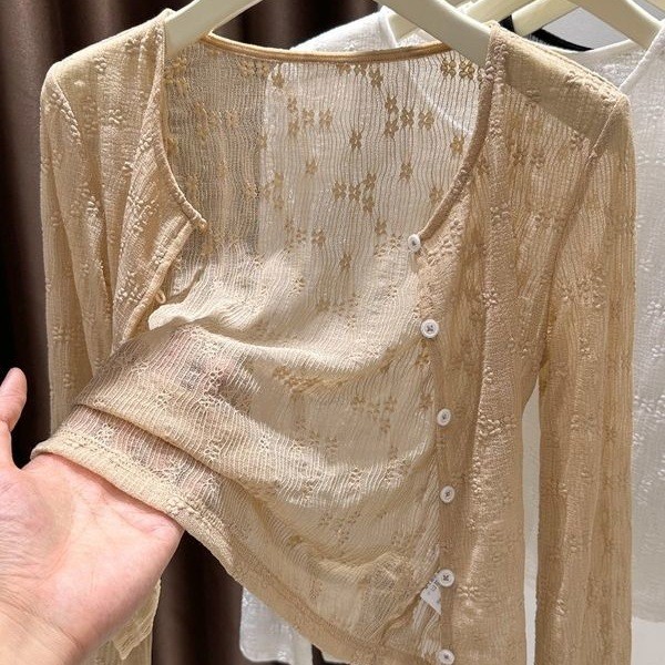 Cardigã feminino com proteção solar, casaco de gaze fina, novo xale de renda com botões em estilo chinês, saída de praia