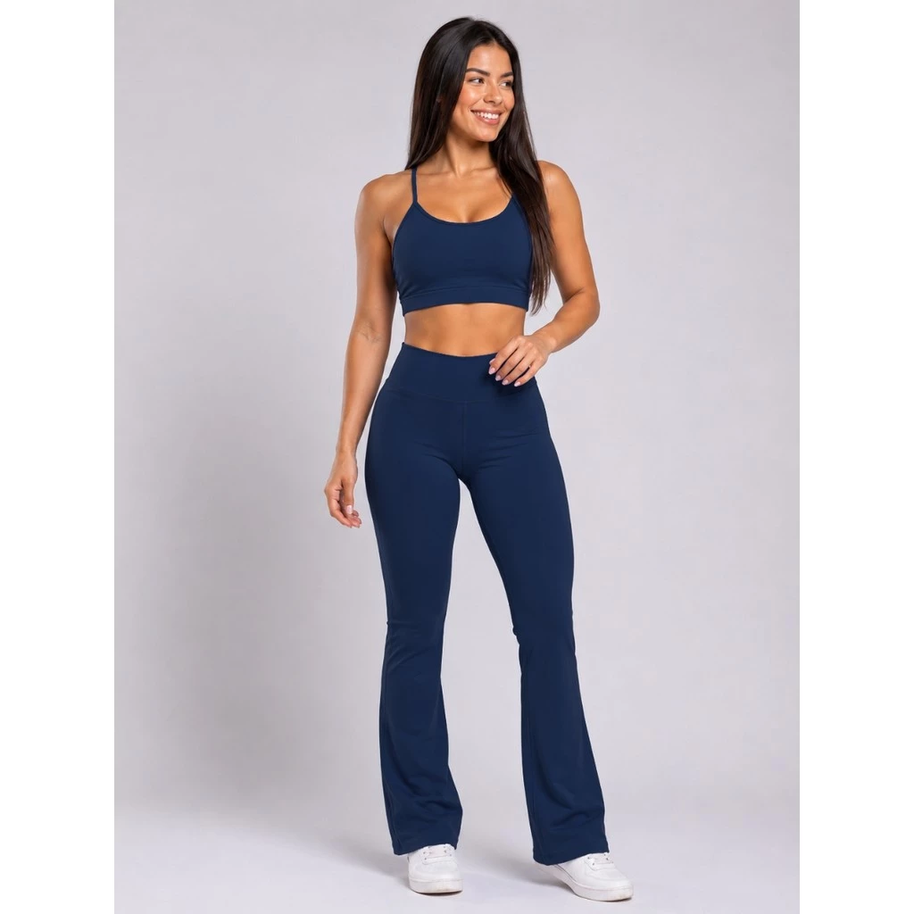 Conjunto Fitness Academia Top alcinha Calça Flare Suplex Zero Transparência Feminina forrado Legging
